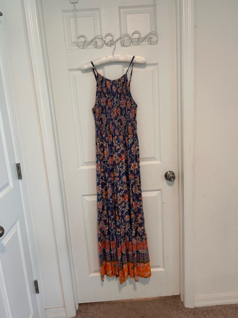 Angie Navy Floral Jumper with Orange and Cream Accents. Size S